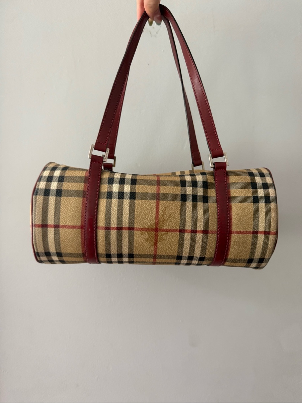 Burberry Beige Nova Check Barrel Shoulder Bag with Burgundy Trim